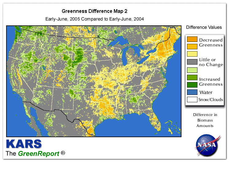 Color-coded U.S. vegetation greeness index map for Period 23 of 2005, illustrating spatial variations in plant vigor, with greener tones indicating higher biomass and browner tones indicating stressed vegetation,
              comparing current crop/vegetation change in biomass to same period from the previous year.