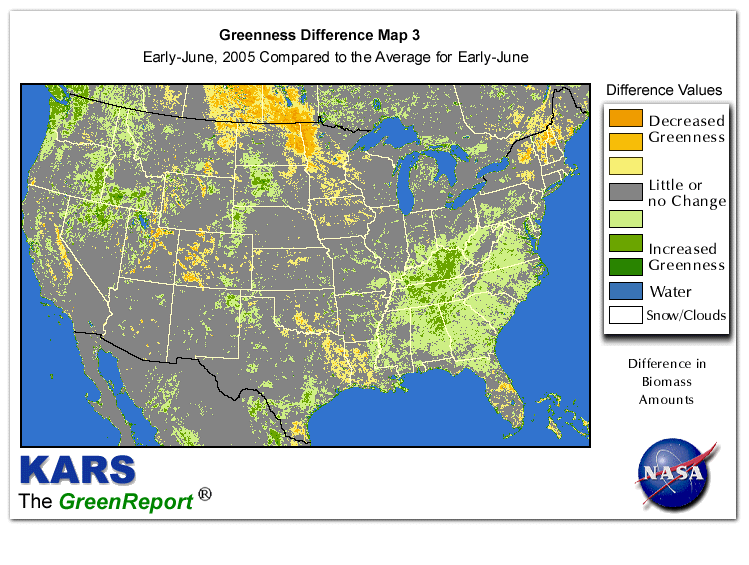 Color-coded U.S. vegetation greeness index map for Period 23 of 2005, illustrating spatial variations in plant vigor, with greener tones indicating higher biomass and browner tones indicating stressed vegetation,
              comparing current crop/vegetation change in biomass to the 20-year greenness average.