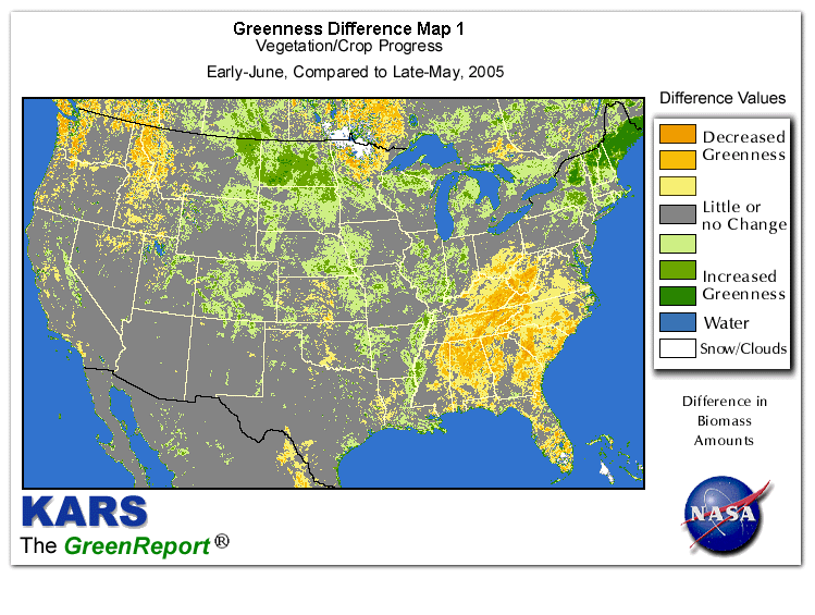 Color-coded U.S. vegetation greeness index map for Period 24 of 2005, illustrating spatial variations in plant vigor, with greener tones indicating higher biomass and browner tones indicating stressed vegetation,
              comparing current crop/vegetation change in biomass to the previous week within the same year.
