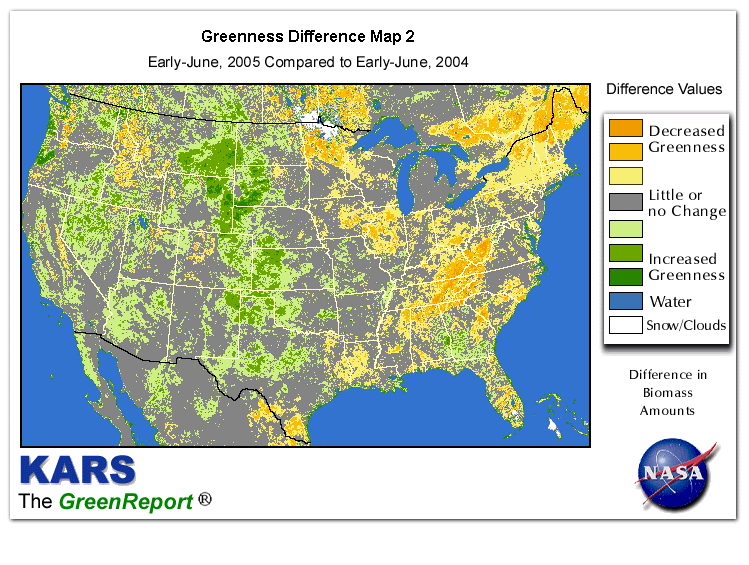 Color-coded U.S. vegetation greeness index map for Period 24 of 2005, illustrating spatial variations in plant vigor, with greener tones indicating higher biomass and browner tones indicating stressed vegetation,
              comparing current crop/vegetation change in biomass to same period from the previous year.