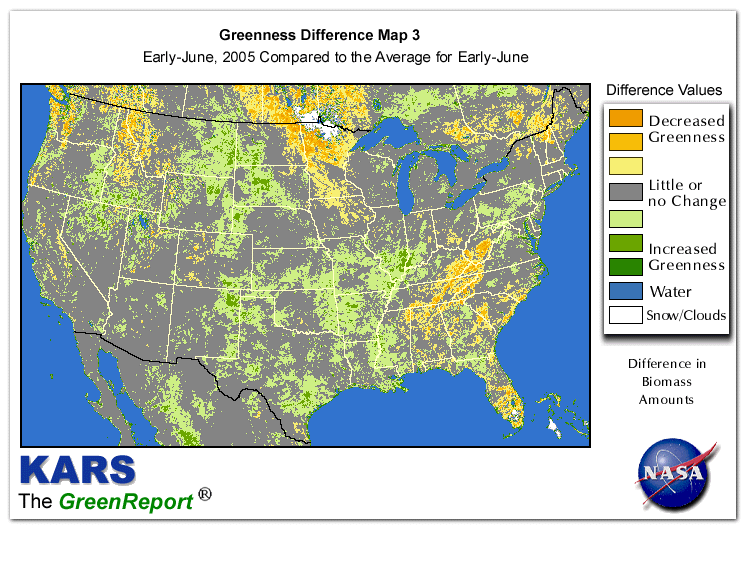 Color-coded U.S. vegetation greeness index map for Period 24 of 2005, illustrating spatial variations in plant vigor, with greener tones indicating higher biomass and browner tones indicating stressed vegetation,
              comparing current crop/vegetation change in biomass to the 20-year greenness average.