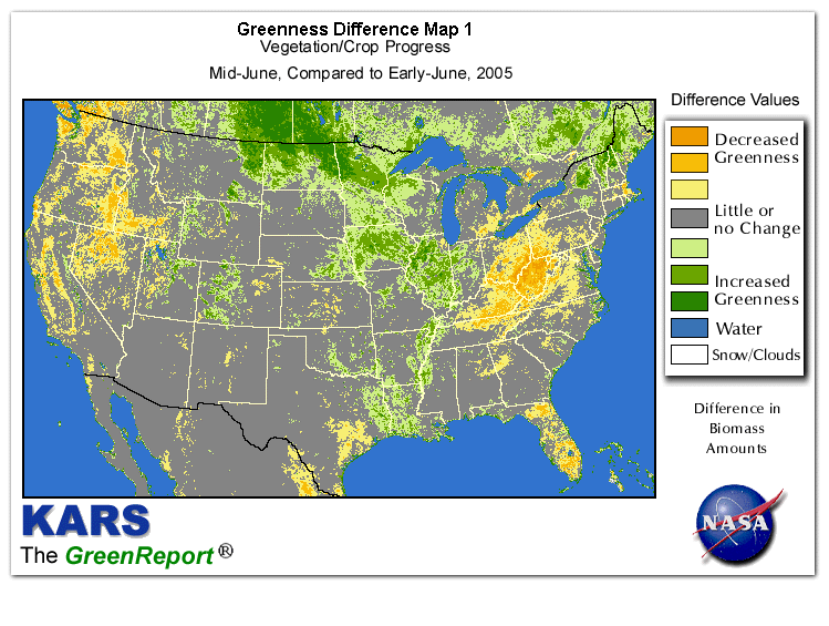 Color-coded U.S. vegetation greeness index map for Period 25 of 2005, illustrating spatial variations in plant vigor, with greener tones indicating higher biomass and browner tones indicating stressed vegetation,
              comparing current crop/vegetation change in biomass to the previous week within the same year.