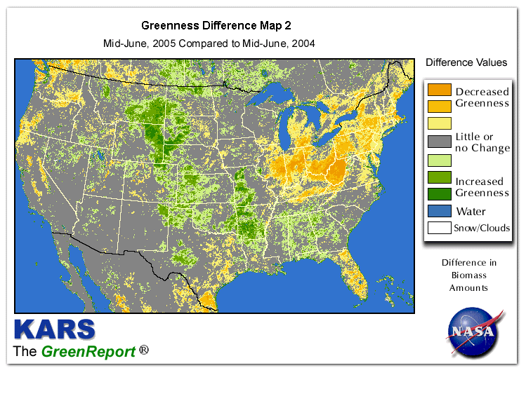 Color-coded U.S. vegetation greeness index map for Period 25 of 2005, illustrating spatial variations in plant vigor, with greener tones indicating higher biomass and browner tones indicating stressed vegetation,
              comparing current crop/vegetation change in biomass to same period from the previous year.
