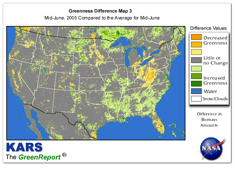 Color-coded U.S. vegetation greeness index map for Period 25 of 2005, illustrating spatial variations in plant vigor, with greener tones indicating higher biomass and browner tones indicating stressed vegetation,
              comparing current crop/vegetation change in biomass to the 20-year greenness average.
