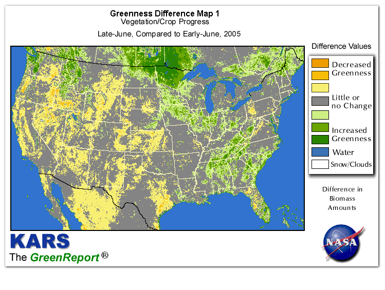 Color-coded U.S. vegetation greeness index map for Period 26 of 2005, illustrating spatial variations in plant vigor, with greener tones indicating higher biomass and browner tones indicating stressed vegetation,
              comparing current crop/vegetation change in biomass to the previous week within the same year.