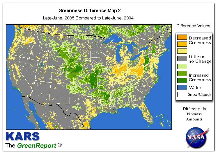Color-coded U.S. vegetation greeness index map for Period 26 of 2005, illustrating spatial variations in plant vigor, with greener tones indicating higher biomass and browner tones indicating stressed vegetation,
              comparing current crop/vegetation change in biomass to same period from the previous year.