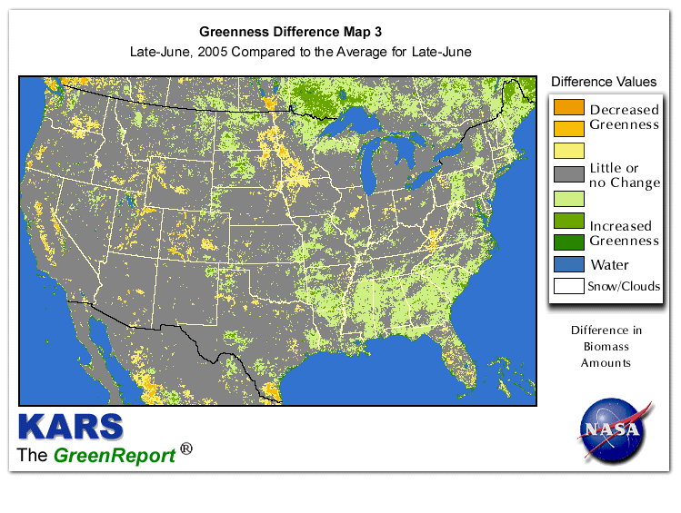 Color-coded U.S. vegetation greeness index map for Period 26 of 2005, illustrating spatial variations in plant vigor, with greener tones indicating higher biomass and browner tones indicating stressed vegetation,
              comparing current crop/vegetation change in biomass to the 20-year greenness average.