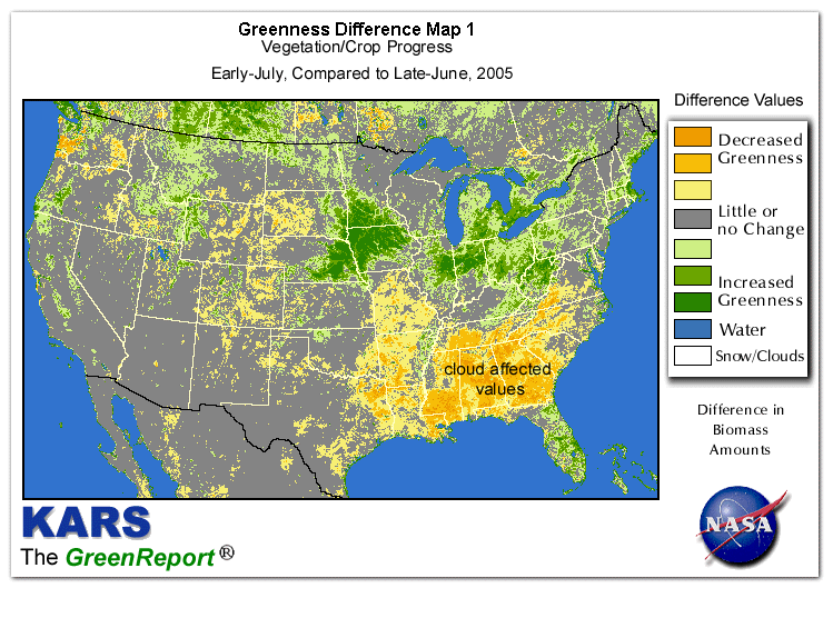 Color-coded U.S. vegetation greeness index map for Period 27 of 2005, illustrating spatial variations in plant vigor, with greener tones indicating higher biomass and browner tones indicating stressed vegetation,
              comparing current crop/vegetation change in biomass to the previous week within the same year.
