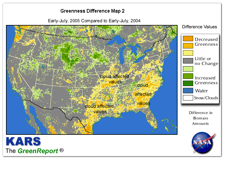 Color-coded U.S. vegetation greeness index map for Period 27 of 2005, illustrating spatial variations in plant vigor, with greener tones indicating higher biomass and browner tones indicating stressed vegetation,
              comparing current crop/vegetation change in biomass to same period from the previous year.