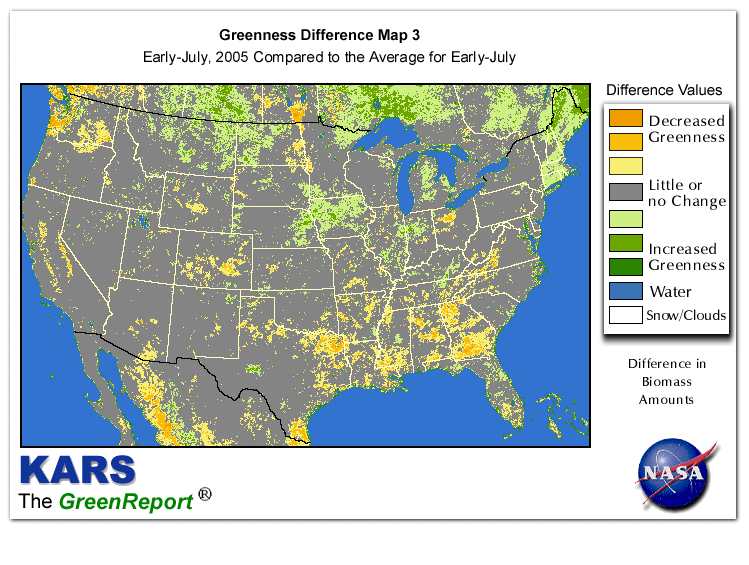 Color-coded U.S. vegetation greeness index map for Period 27 of 2005, illustrating spatial variations in plant vigor, with greener tones indicating higher biomass and browner tones indicating stressed vegetation,
              comparing current crop/vegetation change in biomass to the 20-year greenness average.