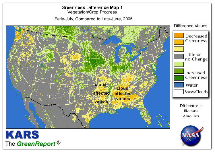 Color-coded U.S. vegetation greeness index map for Period 28 of 2005, illustrating spatial variations in plant vigor, with greener tones indicating higher biomass and browner tones indicating stressed vegetation,
              comparing current crop/vegetation change in biomass to the previous week within the same year.