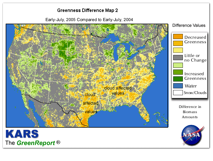 Color-coded U.S. vegetation greeness index map for Period 28 of 2005, illustrating spatial variations in plant vigor, with greener tones indicating higher biomass and browner tones indicating stressed vegetation,
              comparing current crop/vegetation change in biomass to same period from the previous year.