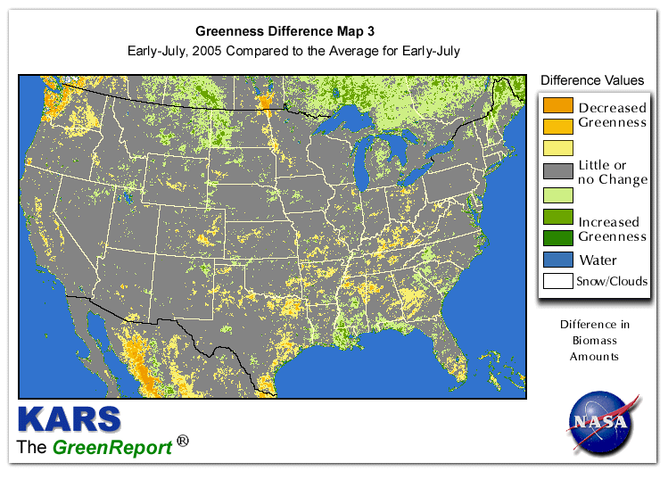 Color-coded U.S. vegetation greeness index map for Period 28 of 2005, illustrating spatial variations in plant vigor, with greener tones indicating higher biomass and browner tones indicating stressed vegetation,
              comparing current crop/vegetation change in biomass to the 20-year greenness average.