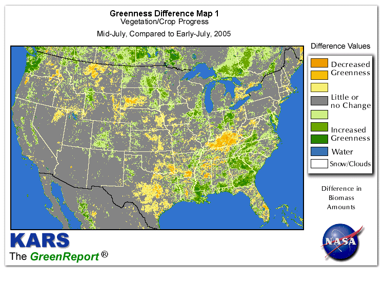 Color-coded U.S. vegetation greeness index map for Period 29 of 2005, illustrating spatial variations in plant vigor, with greener tones indicating higher biomass and browner tones indicating stressed vegetation,
              comparing current crop/vegetation change in biomass to the previous week within the same year.