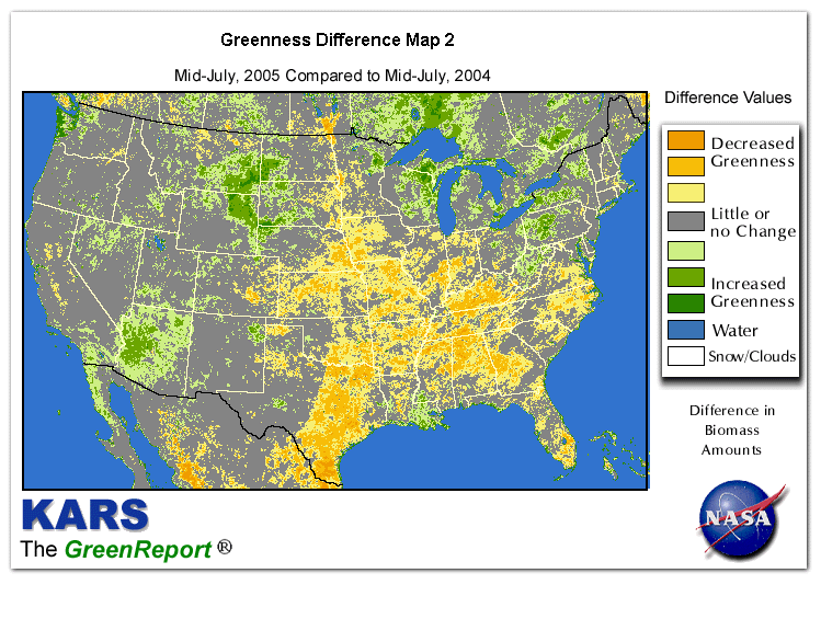 Color-coded U.S. vegetation greeness index map for Period 29 of 2005, illustrating spatial variations in plant vigor, with greener tones indicating higher biomass and browner tones indicating stressed vegetation,
              comparing current crop/vegetation change in biomass to same period from the previous year.