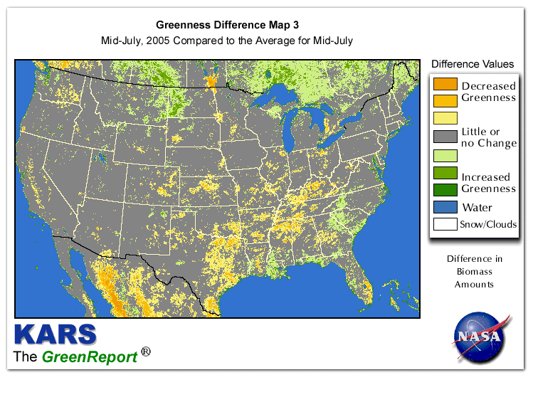 Color-coded U.S. vegetation greeness index map for Period 29 of 2005, illustrating spatial variations in plant vigor, with greener tones indicating higher biomass and browner tones indicating stressed vegetation,
              comparing current crop/vegetation change in biomass to the 20-year greenness average.