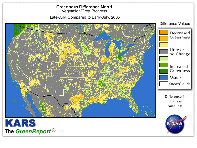 Color-coded U.S. vegetation greeness index map for Period 30 of 2005, illustrating spatial variations in plant vigor, with greener tones indicating higher biomass and browner tones indicating stressed vegetation,
              comparing current crop/vegetation change in biomass to the previous week within the same year.