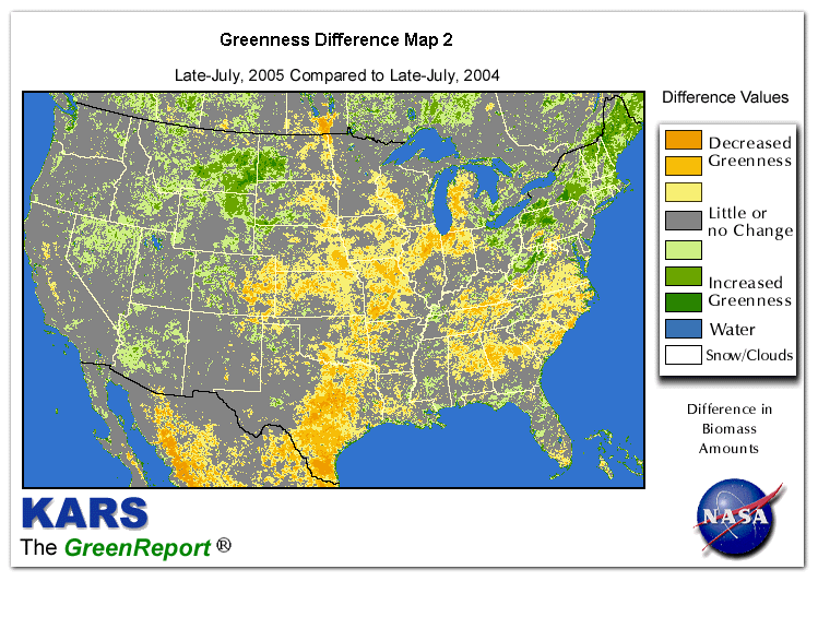 Color-coded U.S. vegetation greeness index map for Period 30 of 2005, illustrating spatial variations in plant vigor, with greener tones indicating higher biomass and browner tones indicating stressed vegetation,
              comparing current crop/vegetation change in biomass to same period from the previous year.