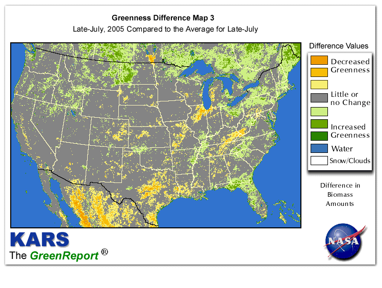 Color-coded U.S. vegetation greeness index map for Period 30 of 2005, illustrating spatial variations in plant vigor, with greener tones indicating higher biomass and browner tones indicating stressed vegetation,
              comparing current crop/vegetation change in biomass to the 20-year greenness average.