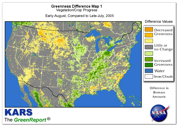 Color-coded U.S. vegetation greeness index map for Period 31 of 2005, illustrating spatial variations in plant vigor, with greener tones indicating higher biomass and browner tones indicating stressed vegetation,
              comparing current crop/vegetation change in biomass to the previous week within the same year.