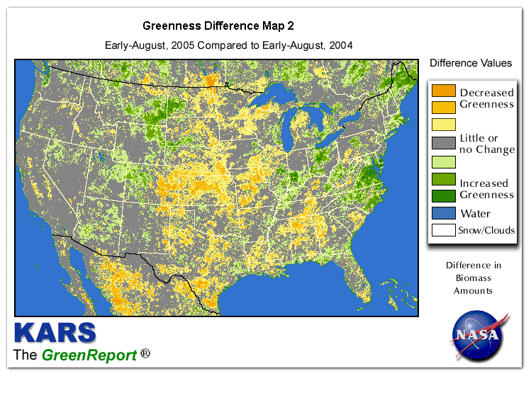 Color-coded U.S. vegetation greeness index map for Period 31 of 2005, illustrating spatial variations in plant vigor, with greener tones indicating higher biomass and browner tones indicating stressed vegetation,
              comparing current crop/vegetation change in biomass to same period from the previous year.