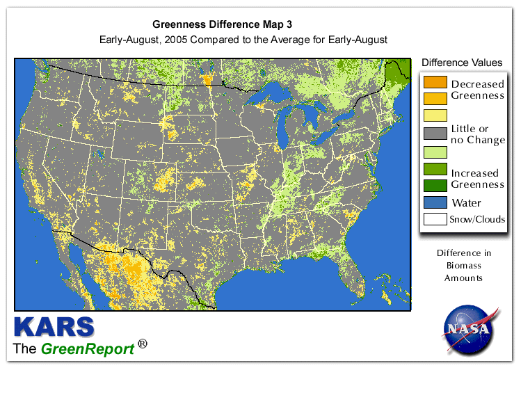 Color-coded U.S. vegetation greeness index map for Period 31 of 2005, illustrating spatial variations in plant vigor, with greener tones indicating higher biomass and browner tones indicating stressed vegetation,
              comparing current crop/vegetation change in biomass to the 20-year greenness average.