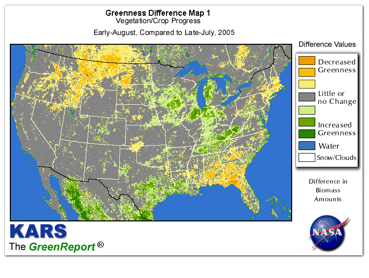 Color-coded U.S. vegetation greeness index map for Period 32 of 2005, illustrating spatial variations in plant vigor, with greener tones indicating higher biomass and browner tones indicating stressed vegetation,
              comparing current crop/vegetation change in biomass to the previous week within the same year.