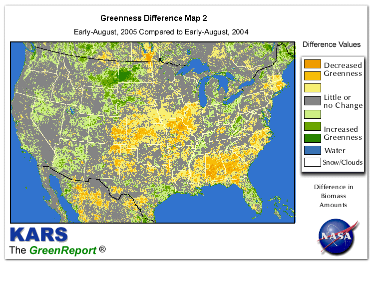 Color-coded U.S. vegetation greeness index map for Period 32 of 2005, illustrating spatial variations in plant vigor, with greener tones indicating higher biomass and browner tones indicating stressed vegetation,
              comparing current crop/vegetation change in biomass to same period from the previous year.