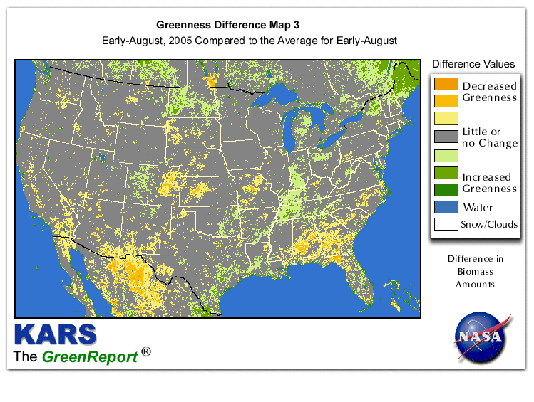 Color-coded U.S. vegetation greeness index map for Period 32 of 2005, illustrating spatial variations in plant vigor, with greener tones indicating higher biomass and browner tones indicating stressed vegetation,
              comparing current crop/vegetation change in biomass to the 20-year greenness average.