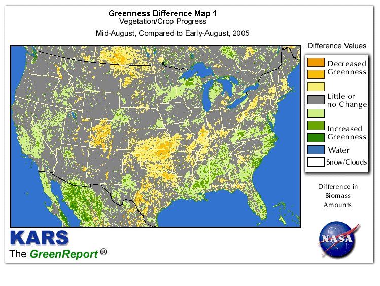 Color-coded U.S. vegetation greeness index map for Period 33 of 2005, illustrating spatial variations in plant vigor, with greener tones indicating higher biomass and browner tones indicating stressed vegetation,
              comparing current crop/vegetation change in biomass to the previous week within the same year.