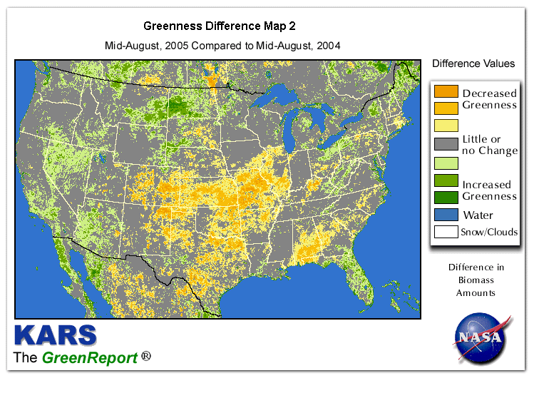 Color-coded U.S. vegetation greeness index map for Period 33 of 2005, illustrating spatial variations in plant vigor, with greener tones indicating higher biomass and browner tones indicating stressed vegetation,
              comparing current crop/vegetation change in biomass to same period from the previous year.