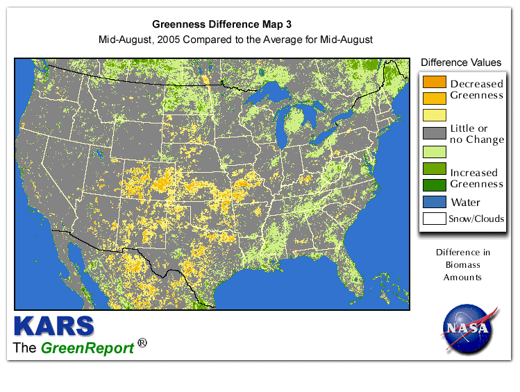 Color-coded U.S. vegetation greeness index map for Period 33 of 2005, illustrating spatial variations in plant vigor, with greener tones indicating higher biomass and browner tones indicating stressed vegetation,
              comparing current crop/vegetation change in biomass to the 20-year greenness average.