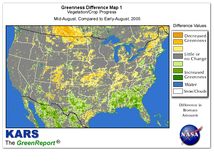 Color-coded U.S. vegetation greeness index map for Period 34 of 2005, illustrating spatial variations in plant vigor, with greener tones indicating higher biomass and browner tones indicating stressed vegetation,
              comparing current crop/vegetation change in biomass to the previous week within the same year.
