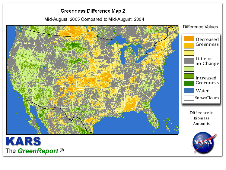 Color-coded U.S. vegetation greeness index map for Period 34 of 2005, illustrating spatial variations in plant vigor, with greener tones indicating higher biomass and browner tones indicating stressed vegetation,
              comparing current crop/vegetation change in biomass to same period from the previous year.