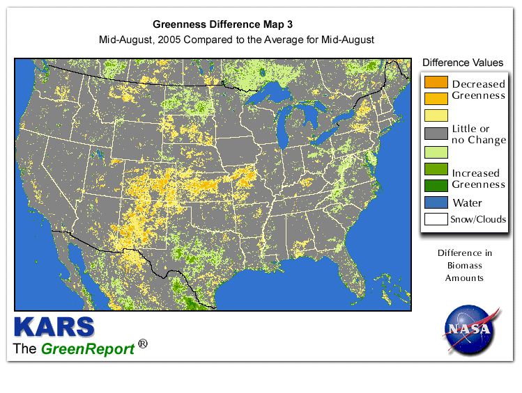 Color-coded U.S. vegetation greeness index map for Period 34 of 2005, illustrating spatial variations in plant vigor, with greener tones indicating higher biomass and browner tones indicating stressed vegetation,
              comparing current crop/vegetation change in biomass to the 20-year greenness average.