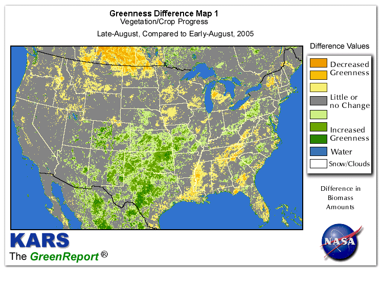 Color-coded U.S. vegetation greeness index map for Period 35 of 2005, illustrating spatial variations in plant vigor, with greener tones indicating higher biomass and browner tones indicating stressed vegetation,
              comparing current crop/vegetation change in biomass to the previous week within the same year.