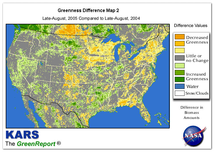 Color-coded U.S. vegetation greeness index map for Period 35 of 2005, illustrating spatial variations in plant vigor, with greener tones indicating higher biomass and browner tones indicating stressed vegetation,
              comparing current crop/vegetation change in biomass to same period from the previous year.