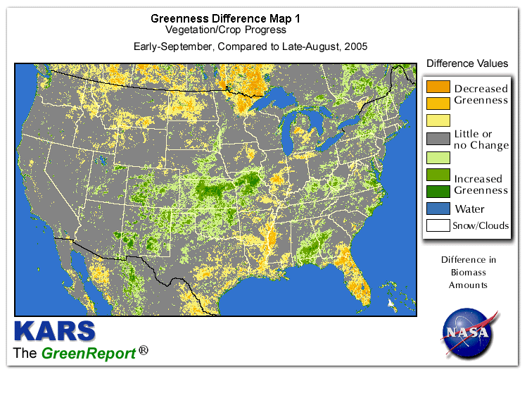 Color-coded U.S. vegetation greeness index map for Period 36 of 2005, illustrating spatial variations in plant vigor, with greener tones indicating higher biomass and browner tones indicating stressed vegetation,
              comparing current crop/vegetation change in biomass to the previous week within the same year.