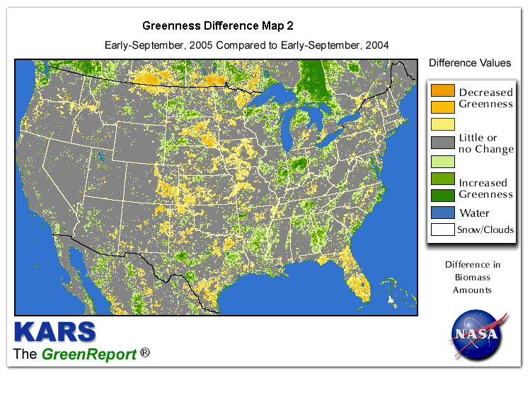 Color-coded U.S. vegetation greeness index map for Period 36 of 2005, illustrating spatial variations in plant vigor, with greener tones indicating higher biomass and browner tones indicating stressed vegetation,
              comparing current crop/vegetation change in biomass to same period from the previous year.