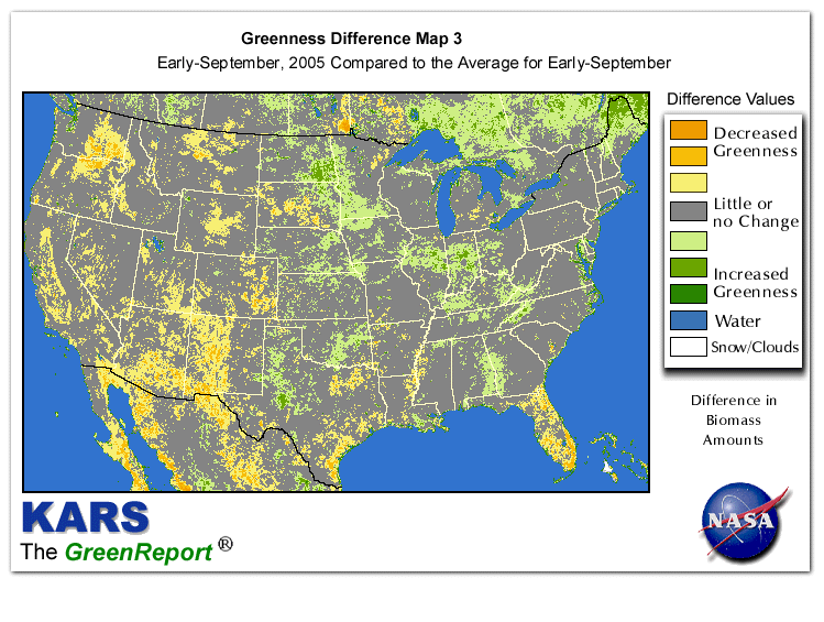 Color-coded U.S. vegetation greeness index map for Period 36 of 2005, illustrating spatial variations in plant vigor, with greener tones indicating higher biomass and browner tones indicating stressed vegetation,
              comparing current crop/vegetation change in biomass to the 20-year greenness average.