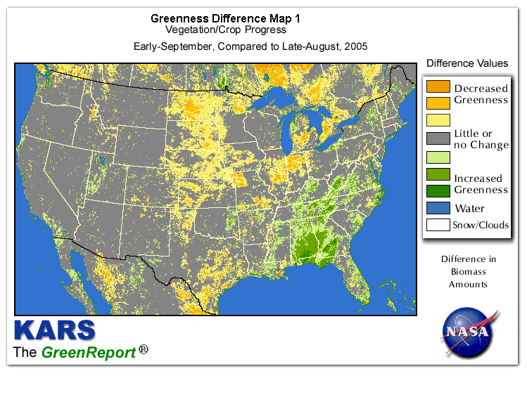 Color-coded U.S. vegetation greeness index map for Period 37 of 2005, illustrating spatial variations in plant vigor, with greener tones indicating higher biomass and browner tones indicating stressed vegetation,
              comparing current crop/vegetation change in biomass to the previous week within the same year.