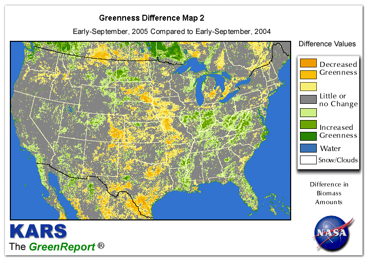 Color-coded U.S. vegetation greeness index map for Period 37 of 2005, illustrating spatial variations in plant vigor, with greener tones indicating higher biomass and browner tones indicating stressed vegetation,
              comparing current crop/vegetation change in biomass to same period from the previous year.