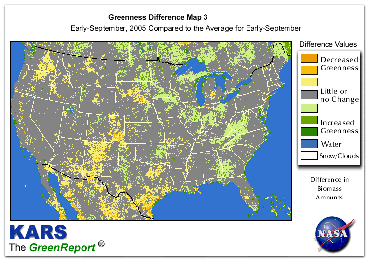 Color-coded U.S. vegetation greeness index map for Period 37 of 2005, illustrating spatial variations in plant vigor, with greener tones indicating higher biomass and browner tones indicating stressed vegetation,
              comparing current crop/vegetation change in biomass to the 20-year greenness average.