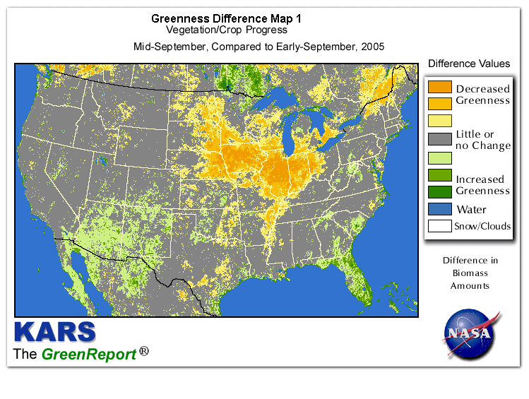 Color-coded U.S. vegetation greeness index map for Period 38 of 2005, illustrating spatial variations in plant vigor, with greener tones indicating higher biomass and browner tones indicating stressed vegetation,
              comparing current crop/vegetation change in biomass to the previous week within the same year.
