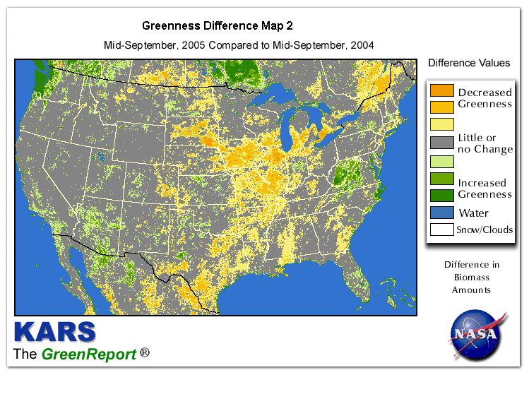 Color-coded U.S. vegetation greeness index map for Period 38 of 2005, illustrating spatial variations in plant vigor, with greener tones indicating higher biomass and browner tones indicating stressed vegetation,
              comparing current crop/vegetation change in biomass to same period from the previous year.