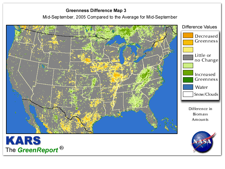 Color-coded U.S. vegetation greeness index map for Period 38 of 2005, illustrating spatial variations in plant vigor, with greener tones indicating higher biomass and browner tones indicating stressed vegetation,
              comparing current crop/vegetation change in biomass to the 20-year greenness average.