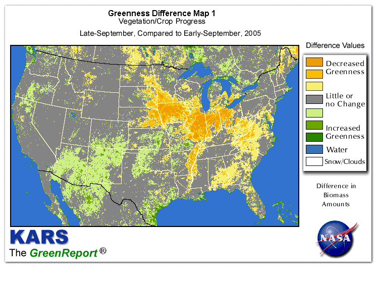 Color-coded U.S. vegetation greeness index map for Period 39 of 2005, illustrating spatial variations in plant vigor, with greener tones indicating higher biomass and browner tones indicating stressed vegetation,
              comparing current crop/vegetation change in biomass to the previous week within the same year.