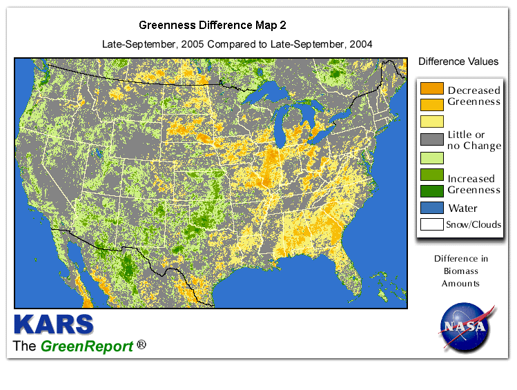 Color-coded U.S. vegetation greeness index map for Period 39 of 2005, illustrating spatial variations in plant vigor, with greener tones indicating higher biomass and browner tones indicating stressed vegetation,
              comparing current crop/vegetation change in biomass to same period from the previous year.