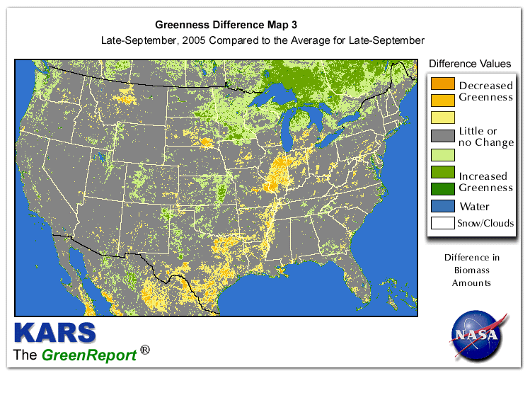 Color-coded U.S. vegetation greeness index map for Period 39 of 2005, illustrating spatial variations in plant vigor, with greener tones indicating higher biomass and browner tones indicating stressed vegetation,
              comparing current crop/vegetation change in biomass to the 20-year greenness average.