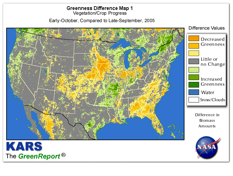 Color-coded U.S. vegetation greeness index map for Period 40 of 2005, illustrating spatial variations in plant vigor, with greener tones indicating higher biomass and browner tones indicating stressed vegetation,
              comparing current crop/vegetation change in biomass to the previous week within the same year.